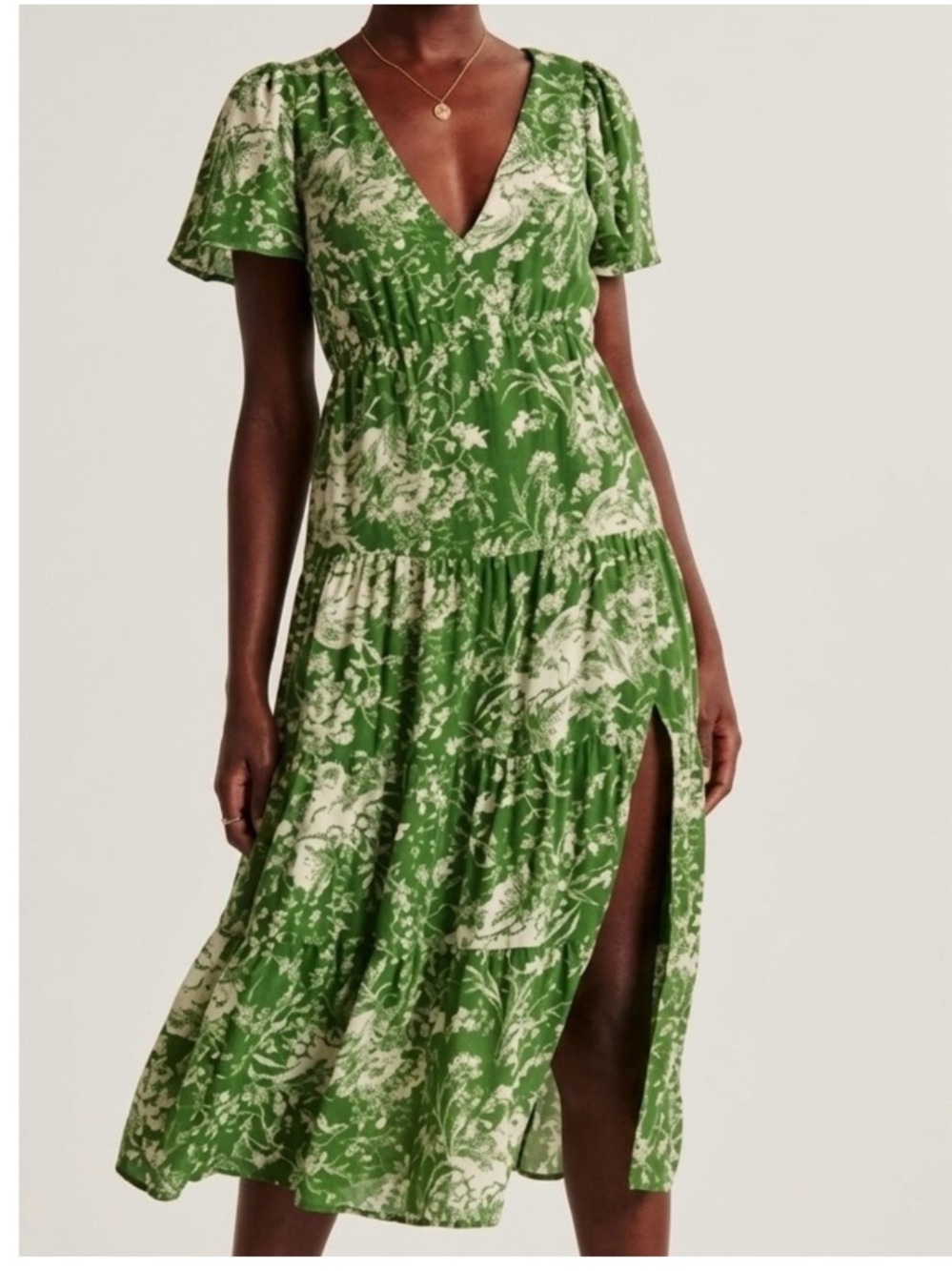 Abercrombie & Fitch Floral Flutter Sleeve Tiered Slit A-Line Midi Dress Green XS
